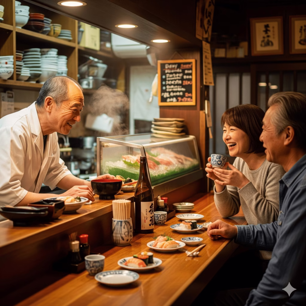 Warm scene of a neighborhood sushi counter with the taisho chatting with regular customers, sake bottles visible, handwritten menu boards, capturing the lived-in community atmosphere.