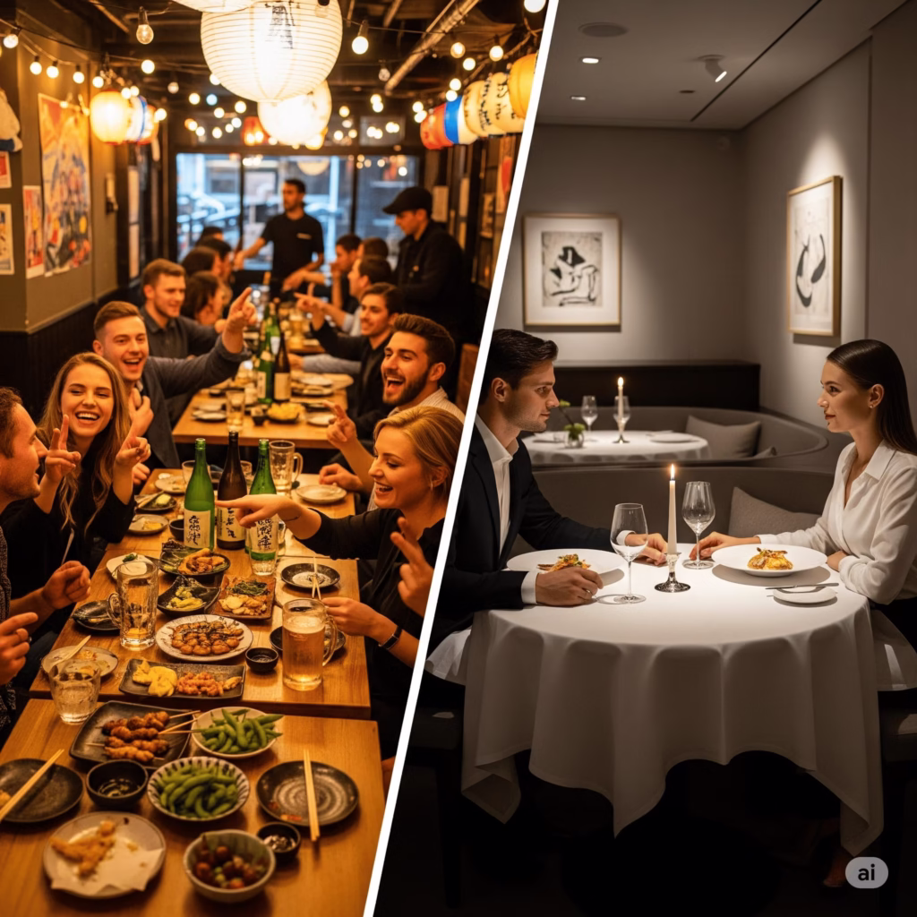 Split comparison showing a lively casual izakaya scene vs. an intimate upscale restaurant setting - illustrating the social context difference