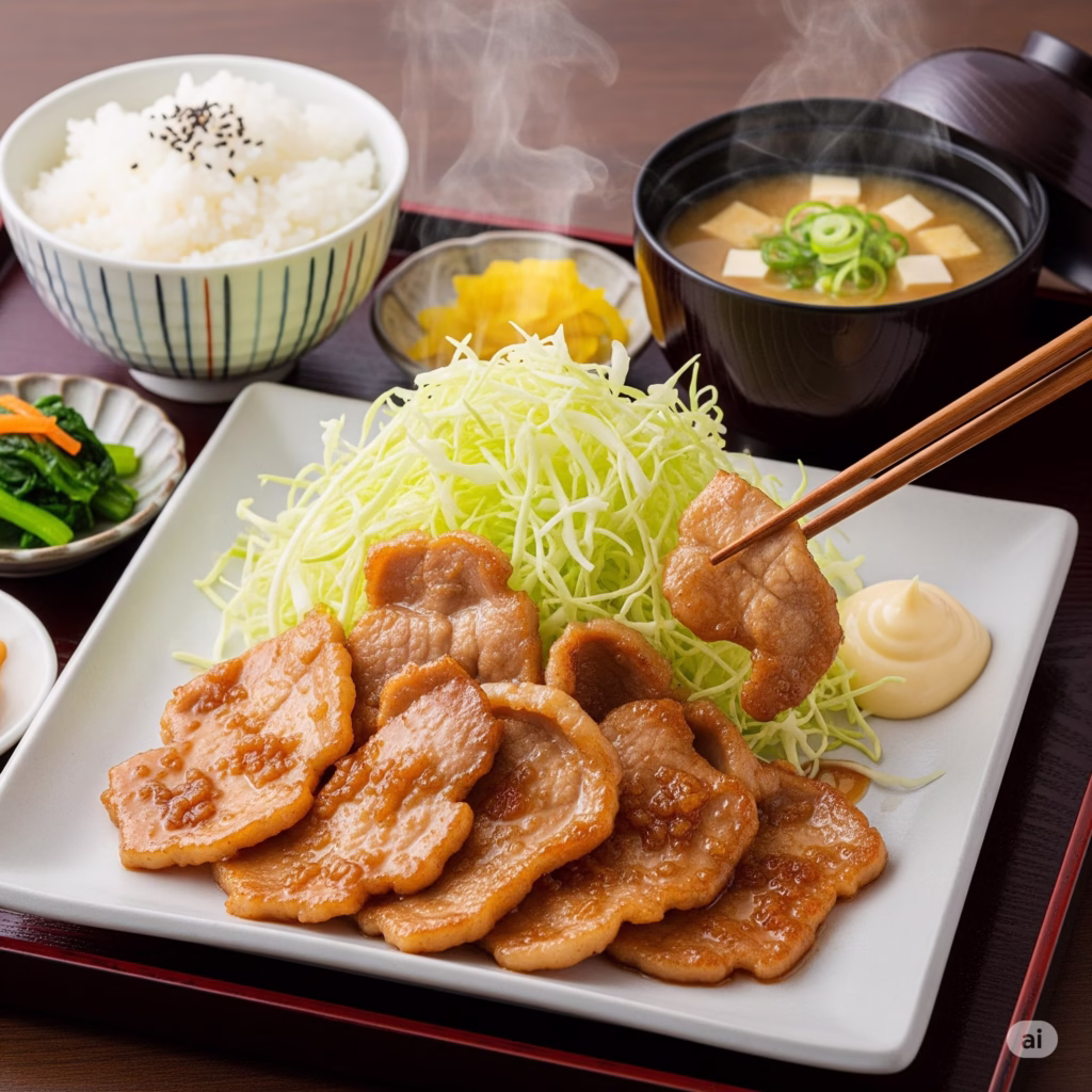 A perfectly arranged Japanese Teishoku set meal, showcasing the principle of ichiju sansai with a main dish of shogayaki ginger pork, a bowl of white rice, miso soup, and pickled vegetables.