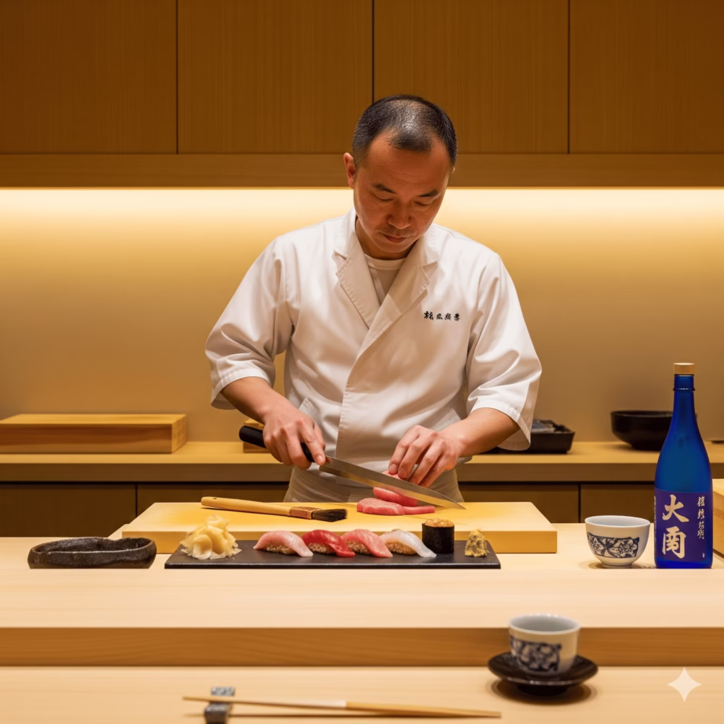 Interior shot of a high-end sushi counter showing the master chef in pristine whites behind an immaculate display case, with the intimate, theater-like atmosphere of the omakase experience.
