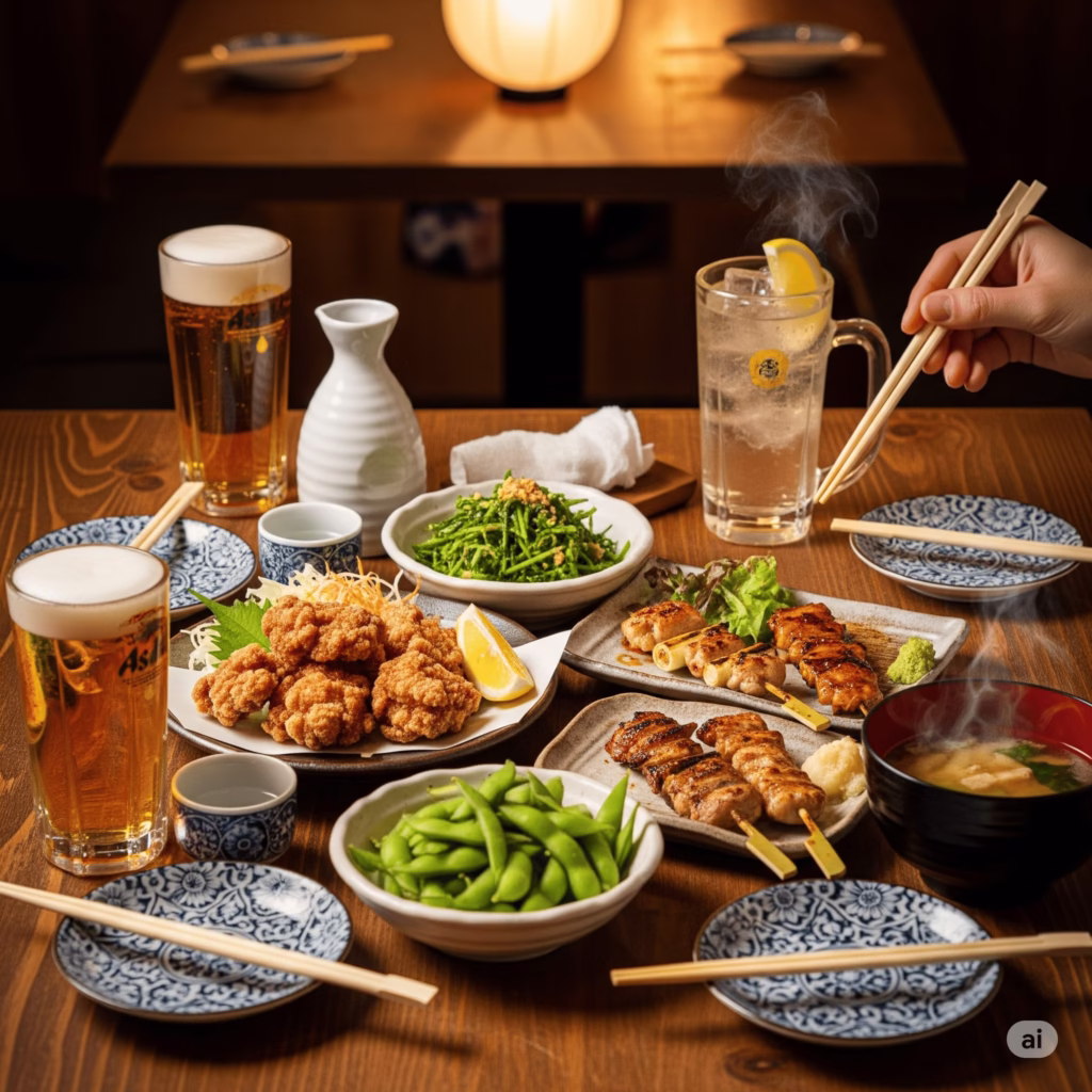 Demonstration of typical izakaya table setup showing shared dishes and individual drink glasses
