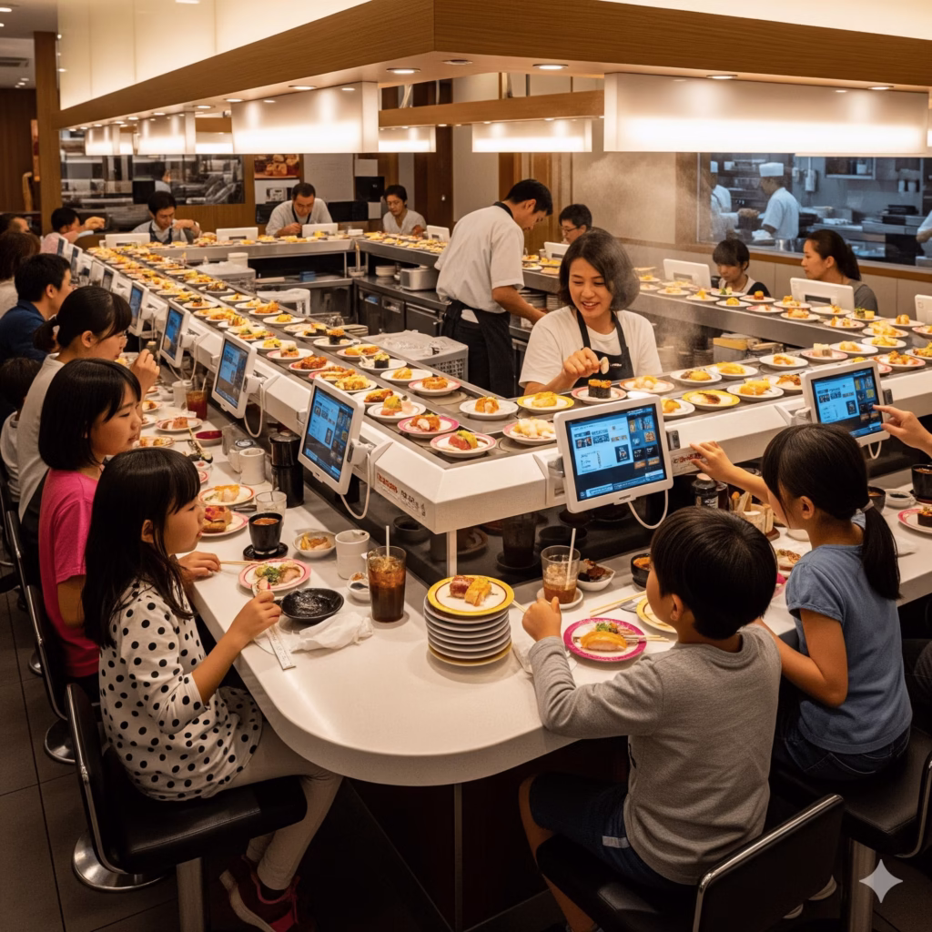 Bustling conveyor belt restaurant showing families enjoying meals, the colorful plates circulating, touch-screen ordering systems, and the modern, efficient atmosphere.