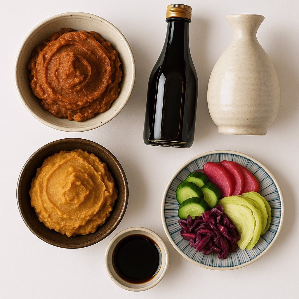  A beautiful flat-lay photo showing bowls of Miso, a bottle of Soy Sauce, a flask of Sake, and a dish of Tsukemono.