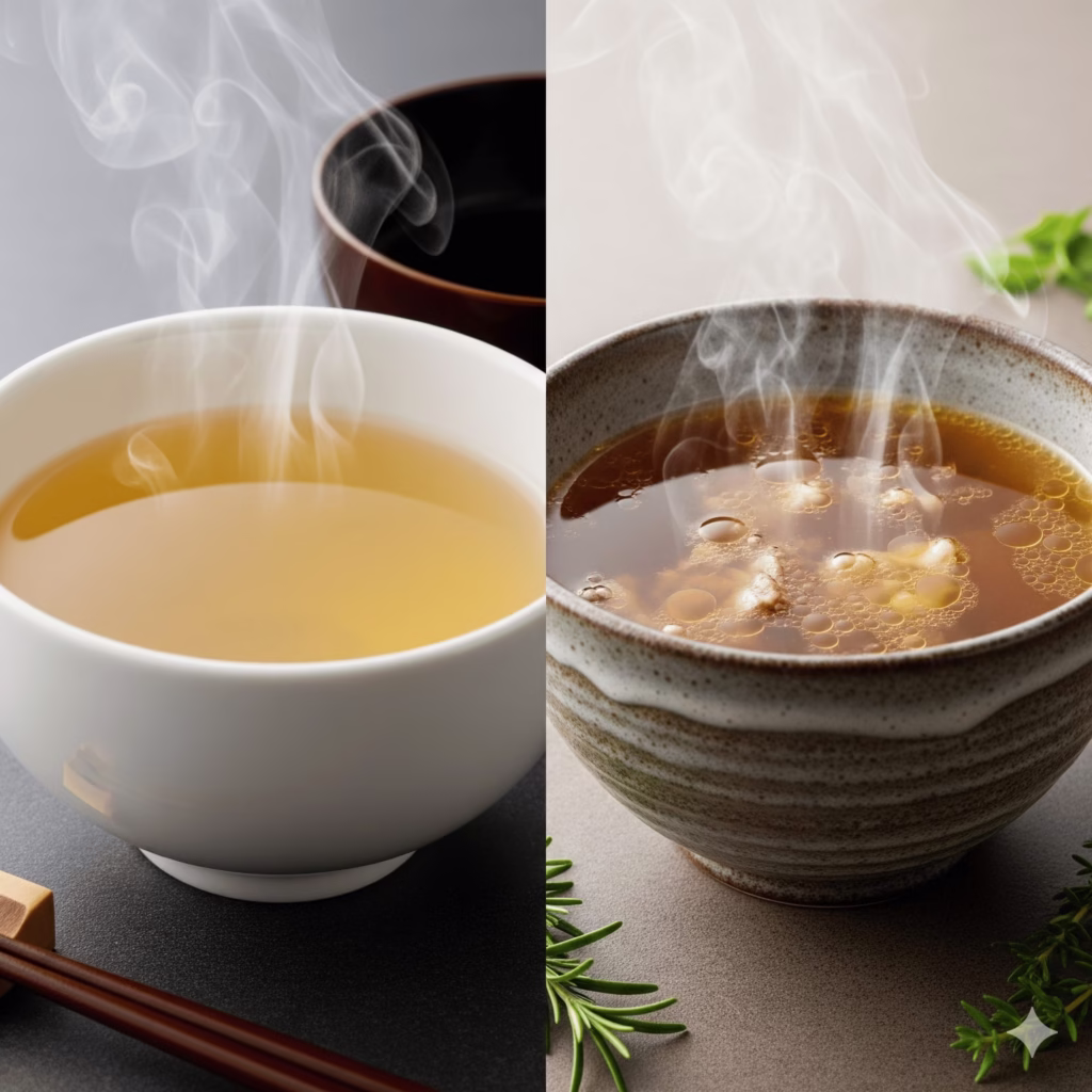 Create a side-by-side comparison photograph. Left: elegant Japanese ceramic bowl containing crystal clear, light golden dashi with perfect transparency, minimal steam rising. Right: rustic Western ceramic bowl containing rich, opaque brown beef broth with visible fat globules on surface and hearty steam. Neutral background, professional food photography lighting emphasizing the contrast in clarity and color. Include subtle Japanese wooden elements on the left and Western herbs on the right.