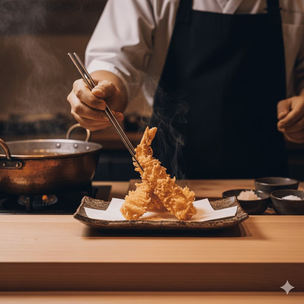 High-end tempura counter showing the complete course progression laid out, with the master chef in action and the theatrical presentation.