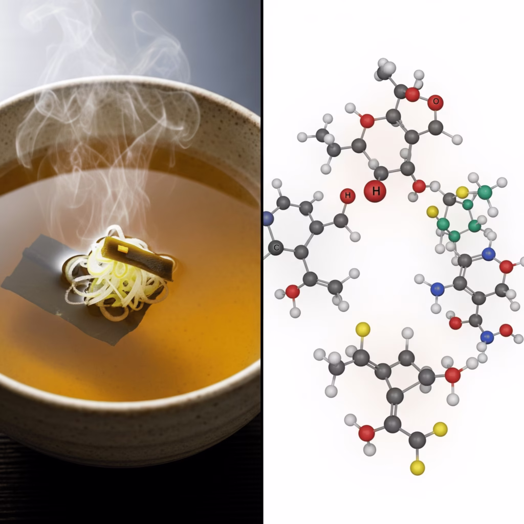 a split-screen composition explaining Umami. Left side: crystal clear golden dashi broth in a traditional Japanese ceramic bowl, steam rising gently. Right side: scientific molecular structure diagrams of glutamate, inosinate, and guanylate compounds floating in 3D space with chemical bonds clearly visible. Clean white background, professional food photography lighting, high contrast between organic and scientific elements.