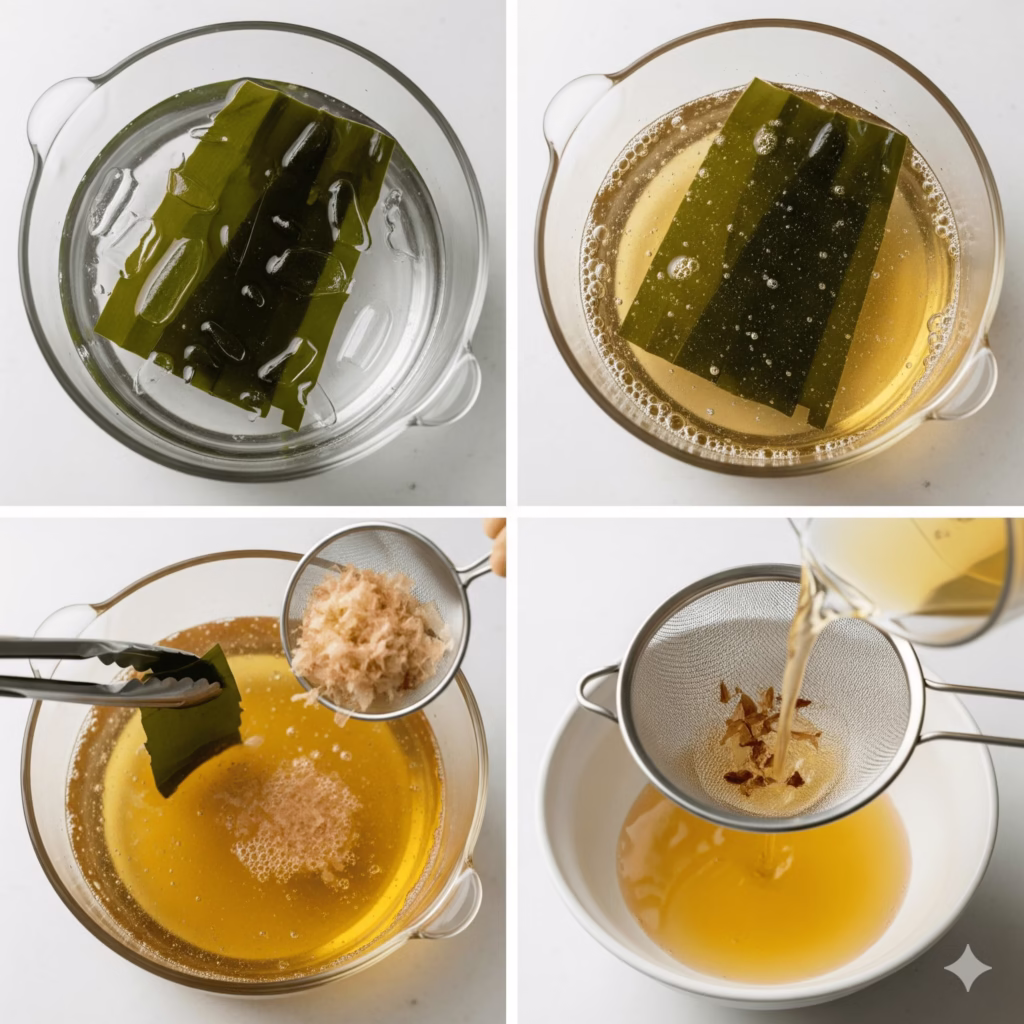 a sequential process visualization in 4 panels to extract Umami. Panel 1: Dark green kombu seaweed soaking in clear water in a glass pot. Panel 2: Same pot with water beginning to warm, small bubbles forming around kombu edges. Panel 3: Kombu being removed with tongs as katsuobushi flakes are sprinkled into the golden liquid. Panel 4: Final clear golden dashi being strained through fine mesh into a clean bowl removing katsuobushi flakes. Overhead view, natural lighting, minimalist Japanese kitchen aesthetic.