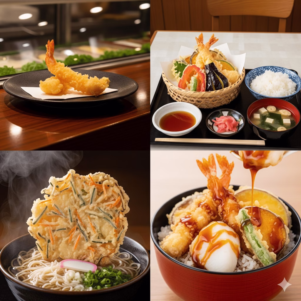Four-panel comparison showing tempura in different contexts - elegant counter presentation, hearty teishoku setting, soba shop topping, and business district counter - demonstrating functional versatility.