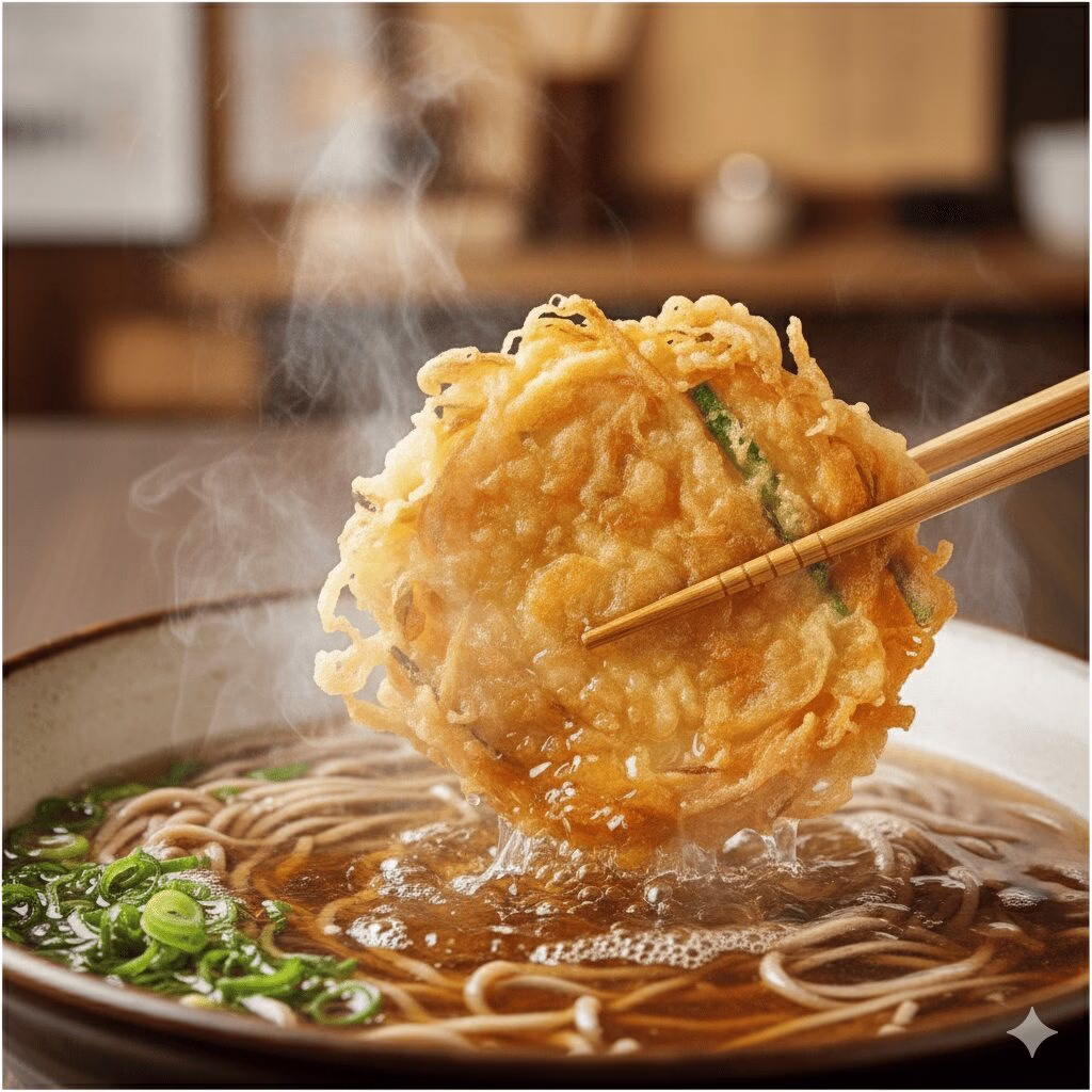 Tempura being placed into a bowl of hot soba, showing the interaction between coating and broth that creates the enhanced dining experience.