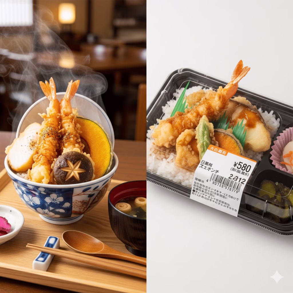 A hearty tempura teishoku and tendon side by side, showing substantial everyday-style tempura and the integrated rice bowl format.