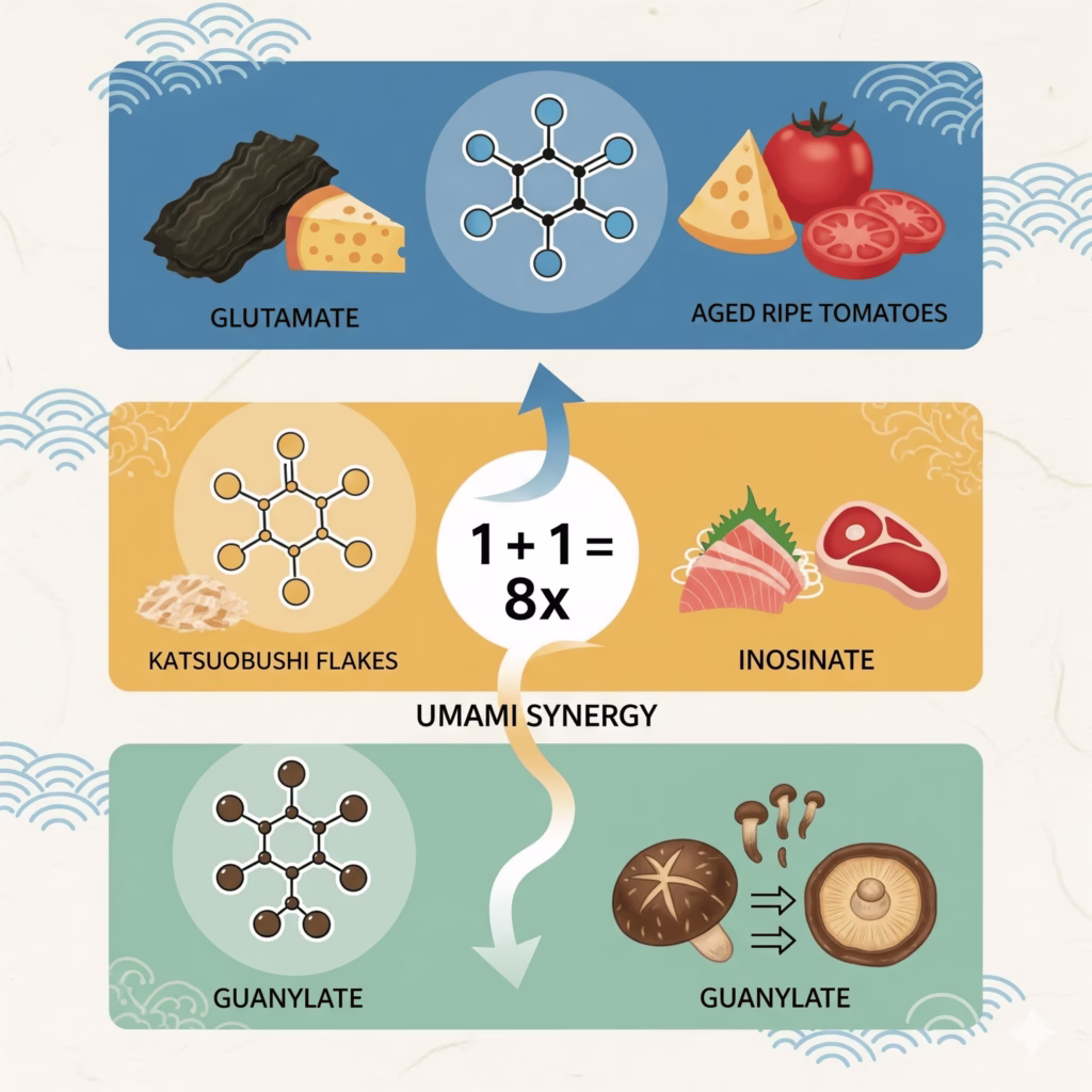 a sequential process visualization in 4 panels explaining Umami synergy. Panel 1: Dark green kombu seaweed soaking in clear water in a glass pot. Panel 2: Same pot with water beginning to warm, small bubbles forming around kombu edges. Panel 3: Kombu being removed with tongs as katsuobushi flakes are sprinkled into the golden liquid. Panel 4: Final clear golden dashi being strained through fine mesh into a clean bowl. Overhead view, natural lighting, minimalist Japanese kitchen aesthetic.