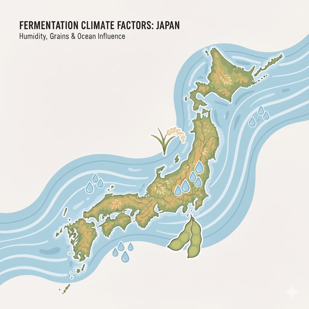 A map of Japan with icons representing humidity, rice, soybeans, and the sea, illustrating the environmental factors.